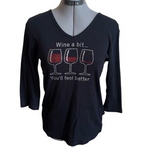 Vintage Y2K Chris’s Stuff Rhinestone Wine Graphic Top 3/4 Sleeve Novelty Shirt